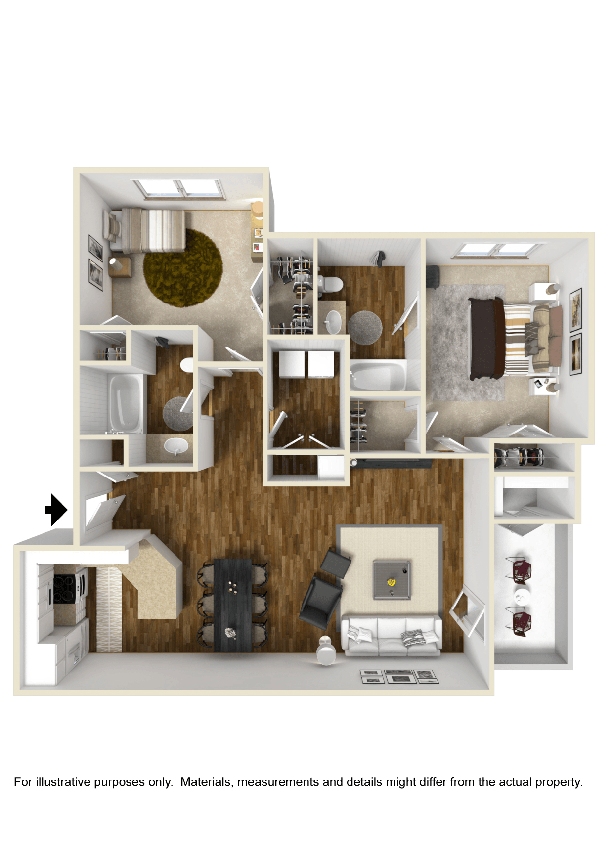 Floor plan for 2 beds, 2 baths, 1138 sqft