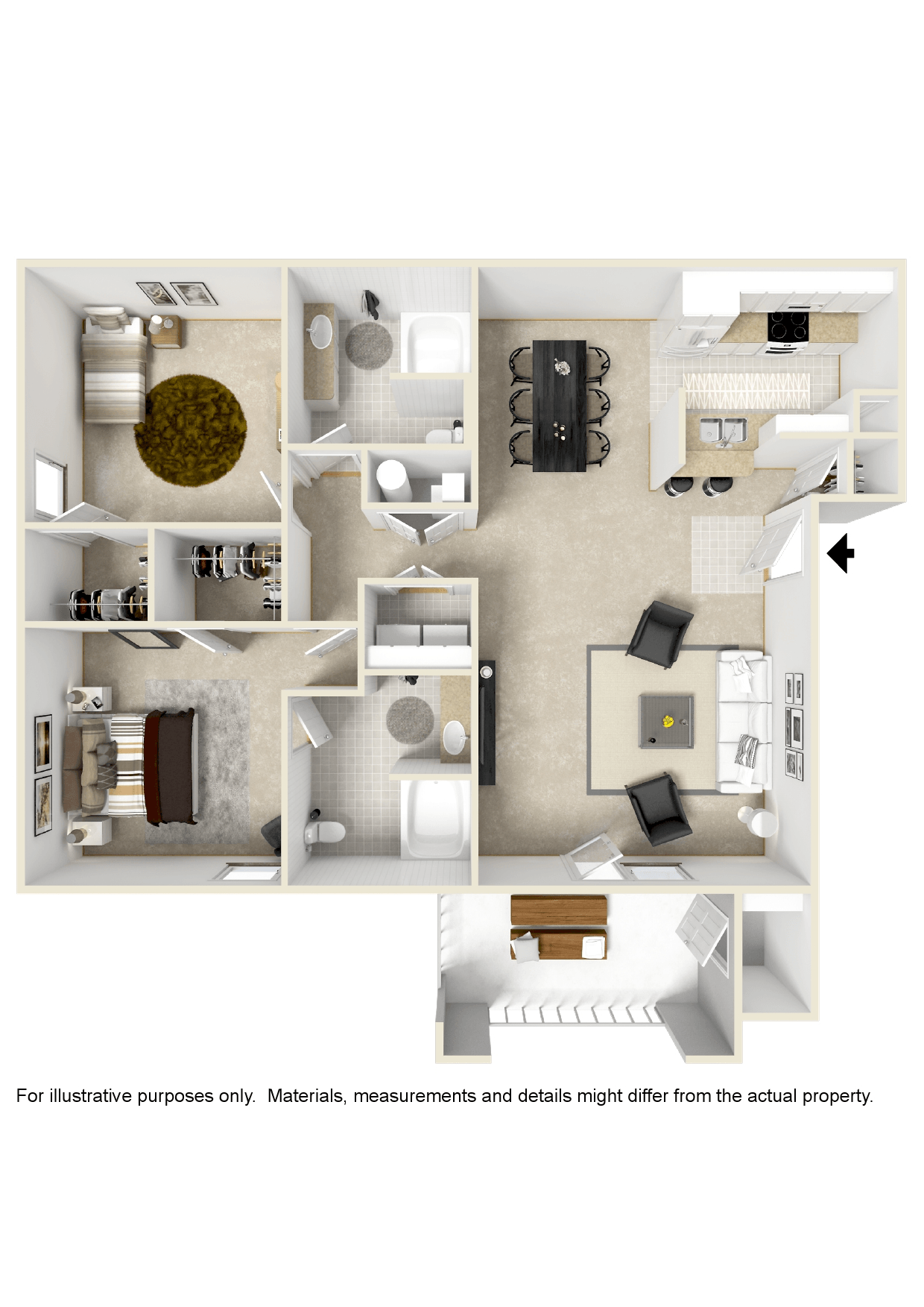 Floor plan for 2 beds, 2 baths, 1186 sqft