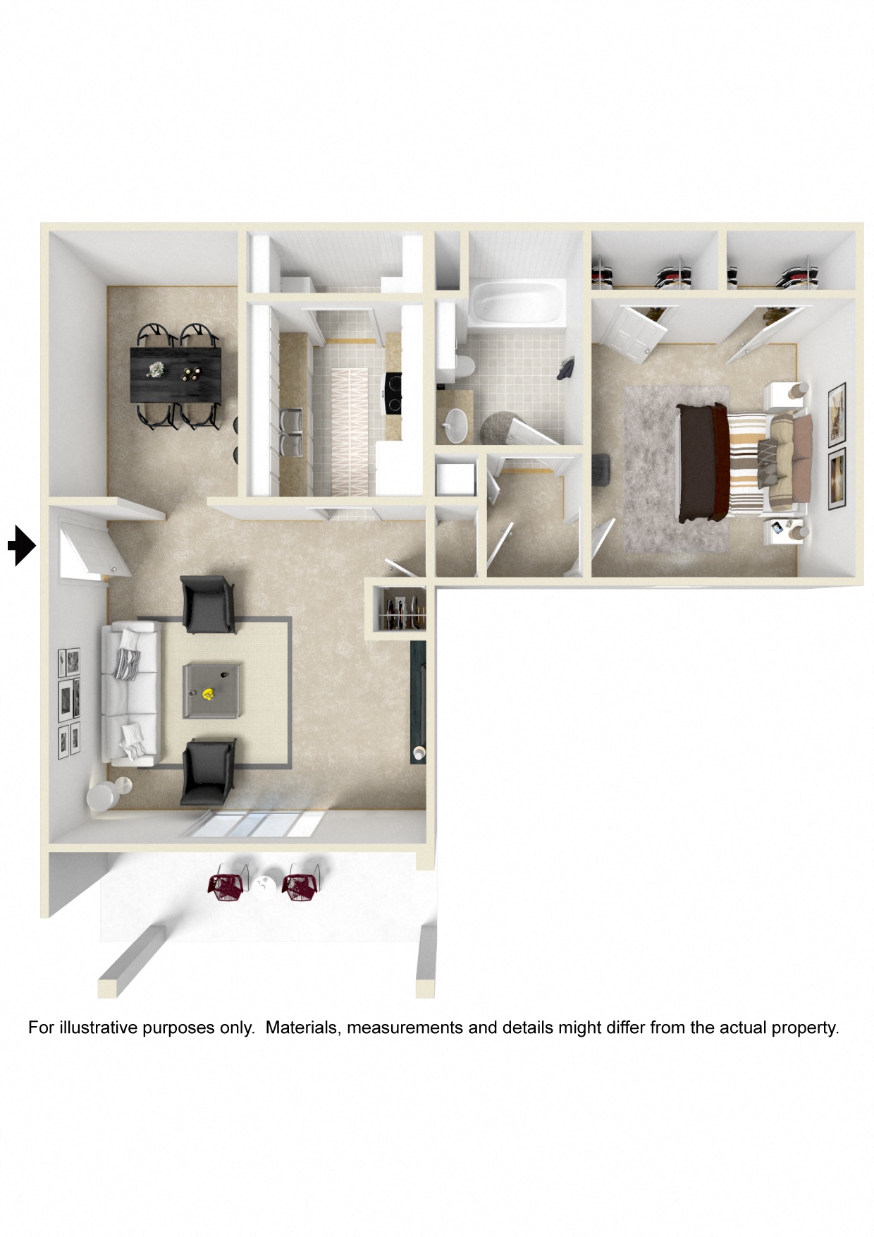 Floor plan for 1 bed, 1 bath, 805 sqft