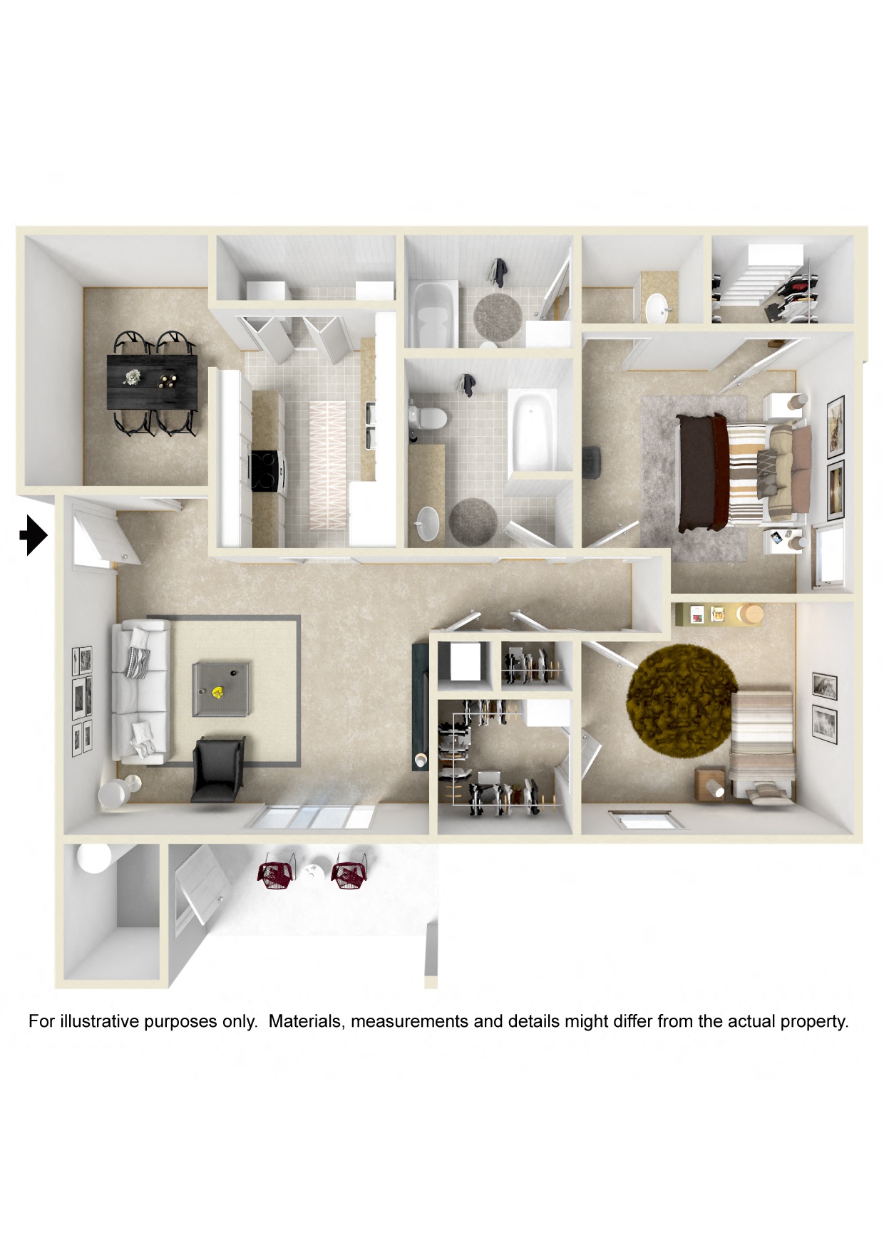 Floor plan for 2 beds, 2 baths, 1035 sqft