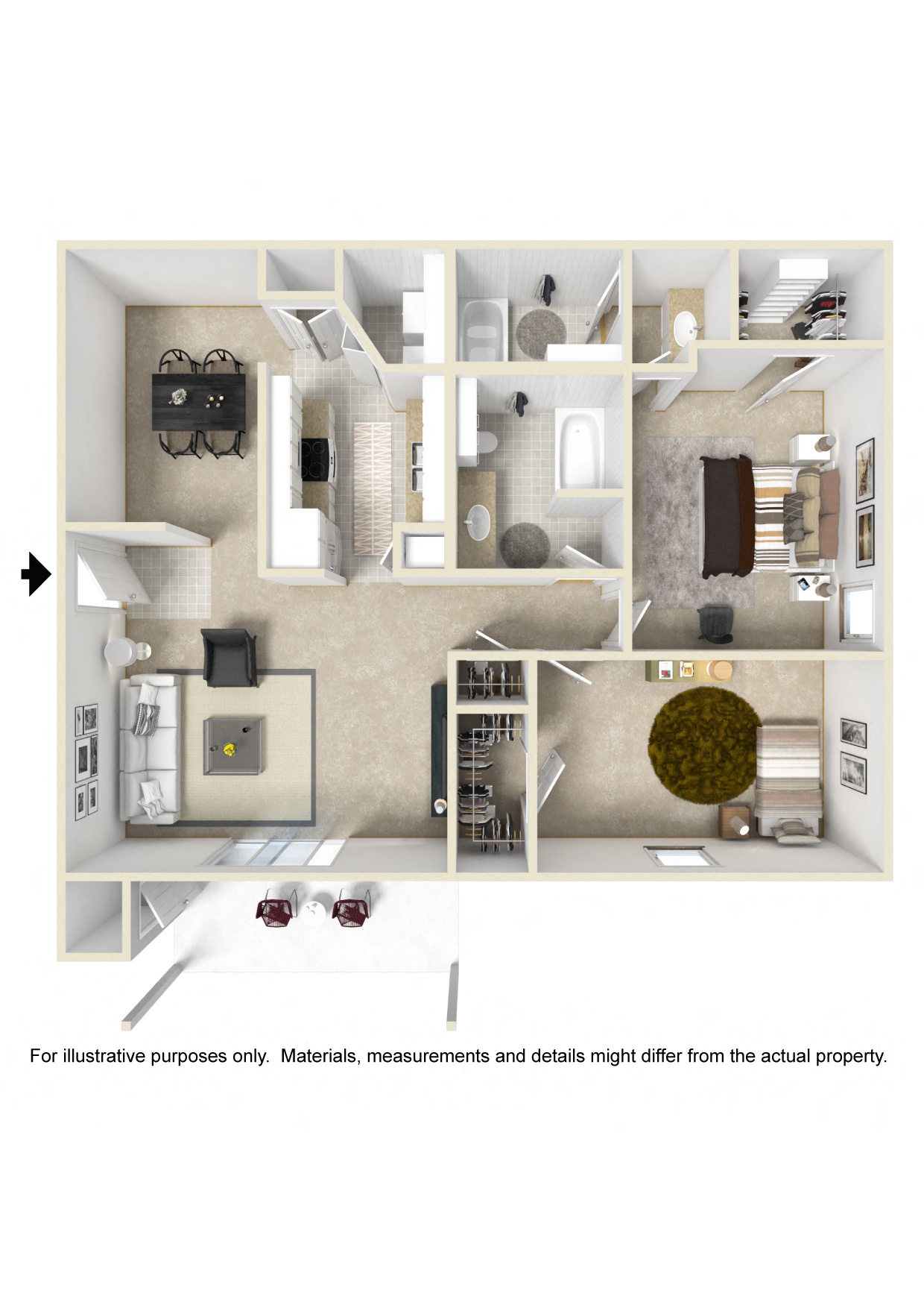 Floor plan for 2 beds, 2 baths, 1050 sqft