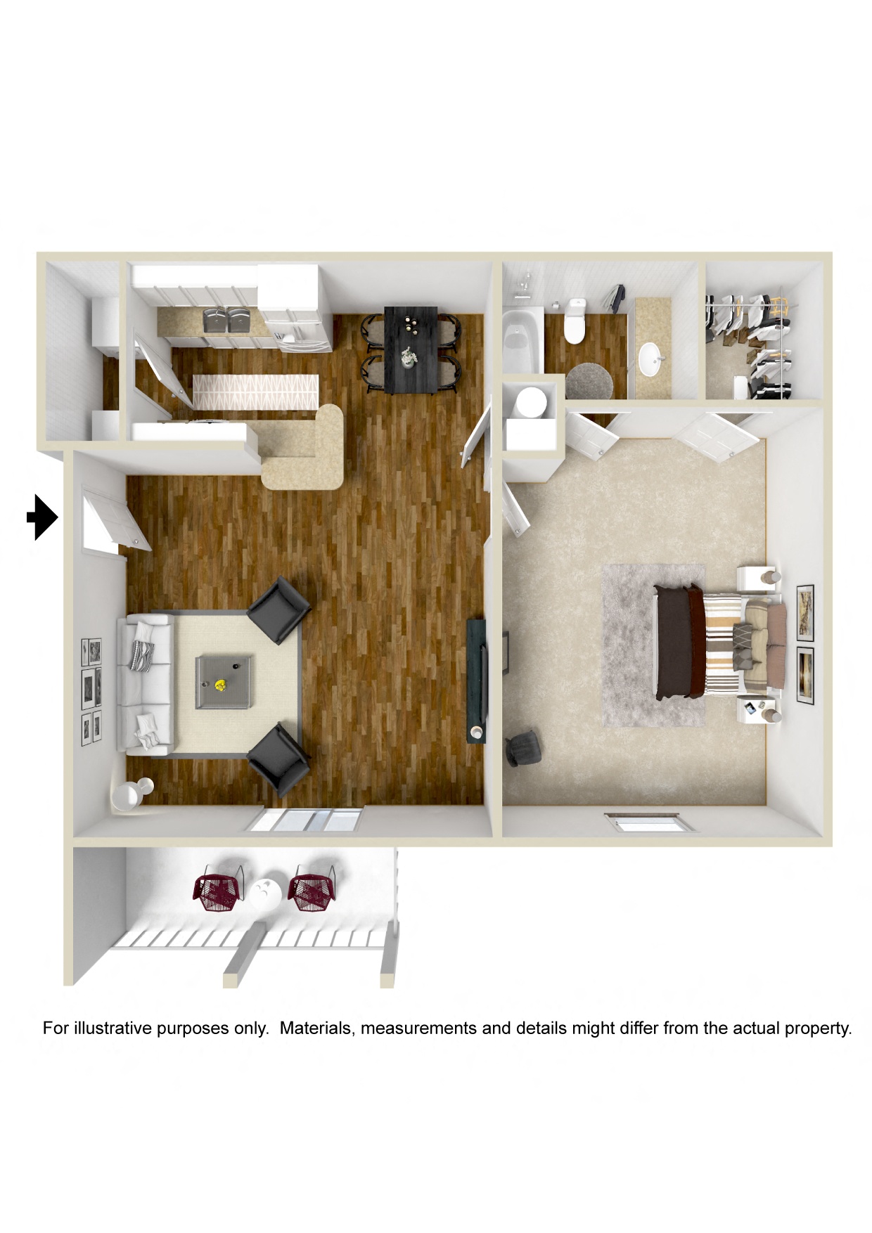 Floor plan for 1 bed, 1 bath, 703 sqft