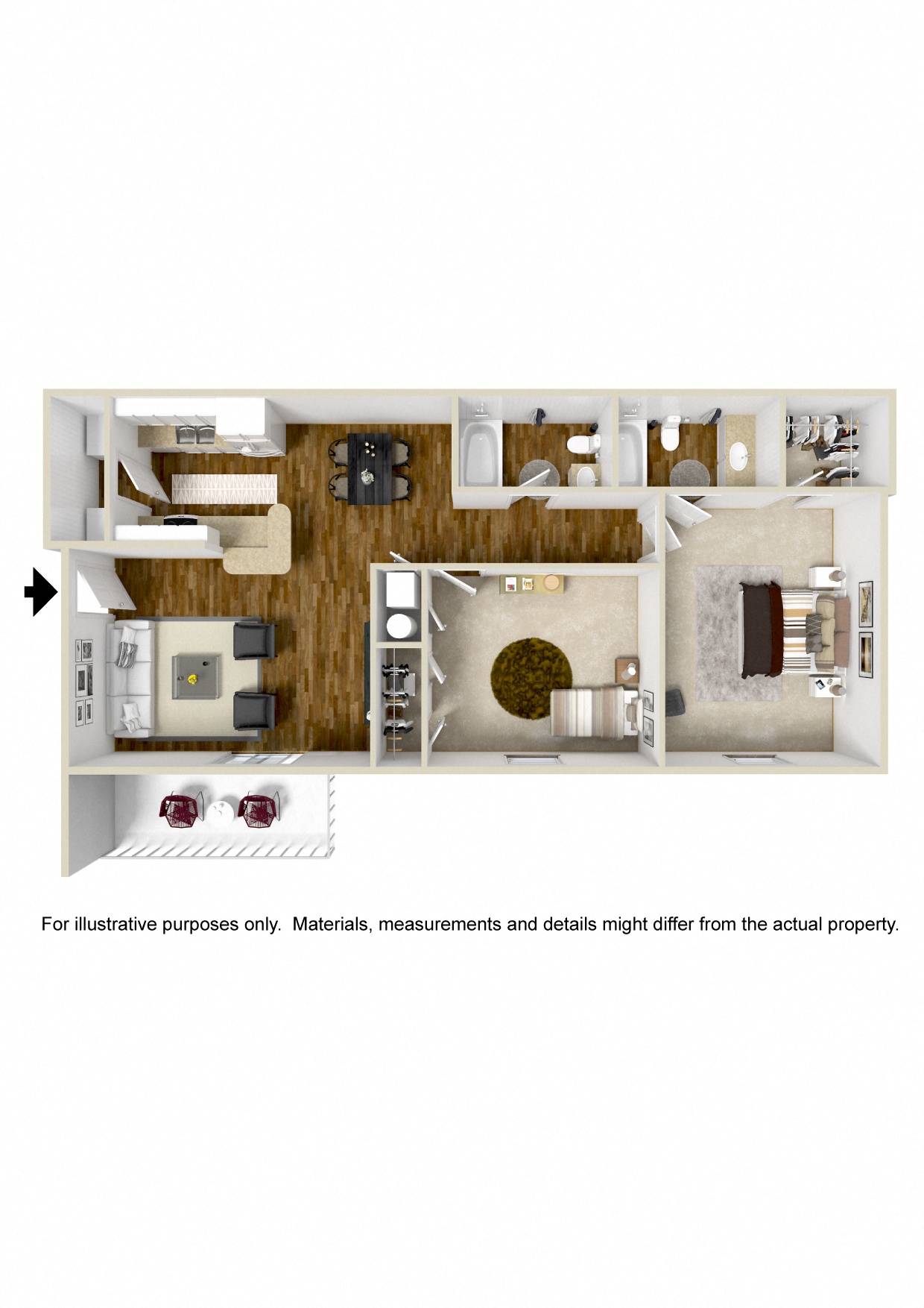 Floor plan for 2 beds, 2 baths, 985 sqft