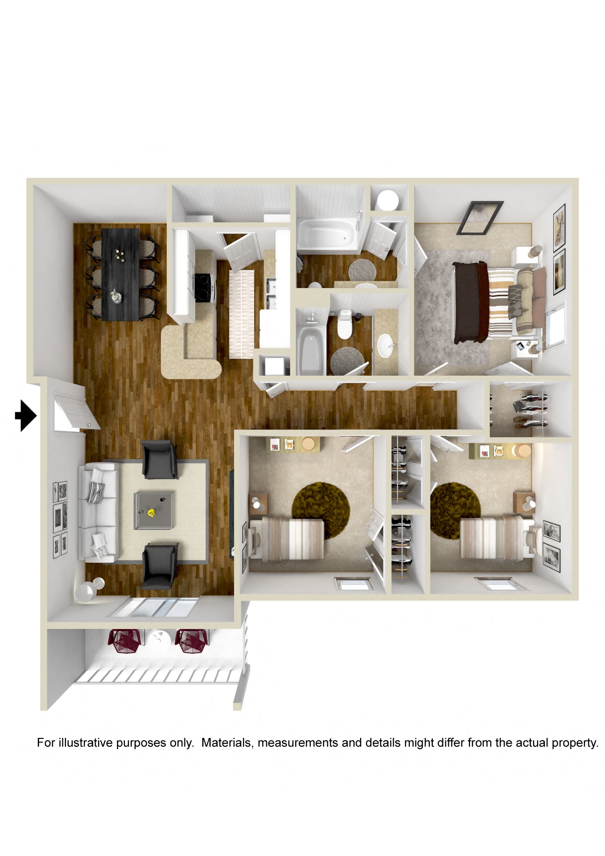 Floor plan for 3 beds, 2 baths, 1230 sqft