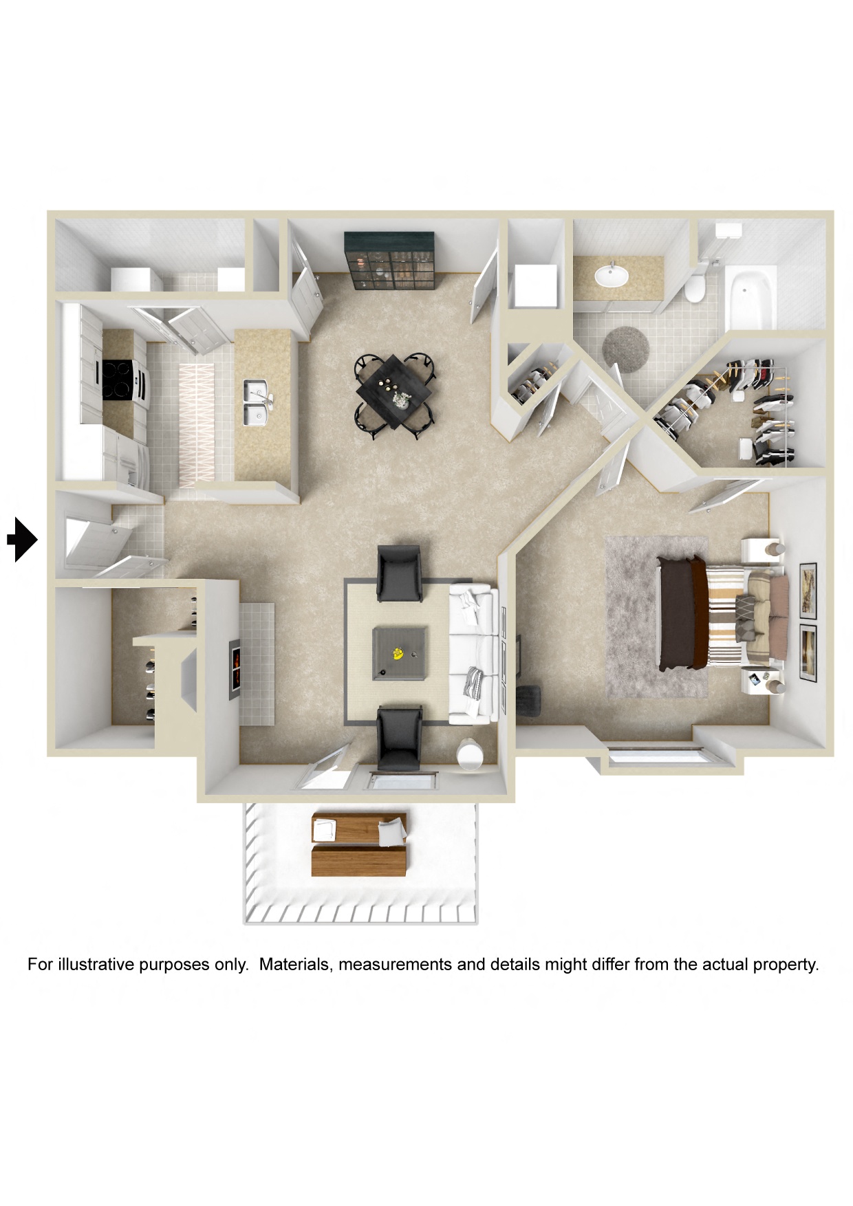 Floor plan for 1 bed, 1 bath, 952 sqft
