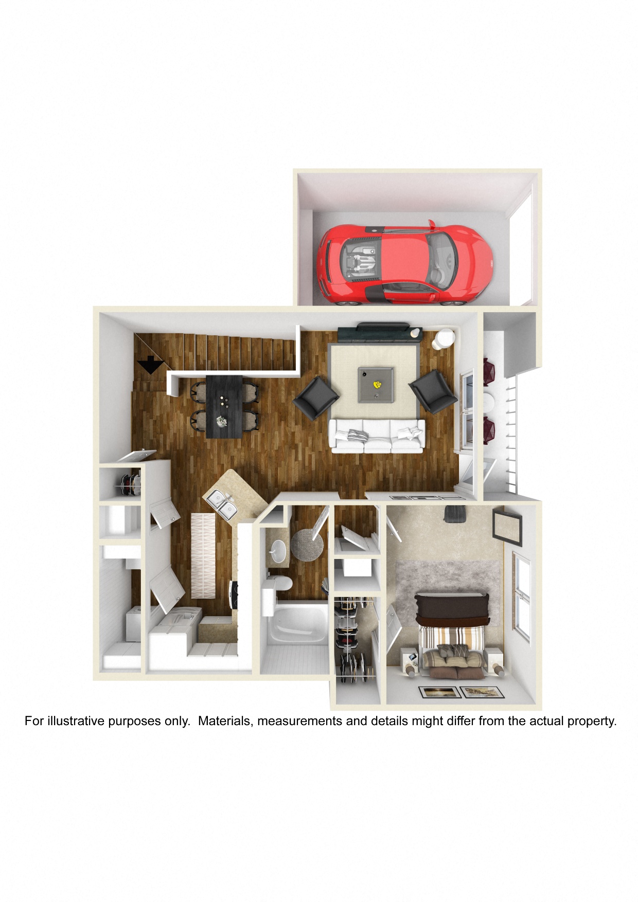 Floor plan for 1 bed, 1 bath, 972 sqft