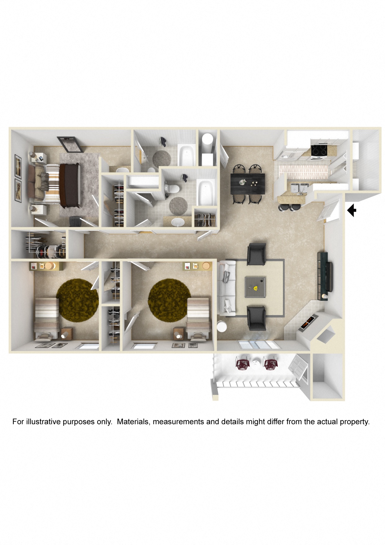 Floor plan for 3 beds, 2 baths, 1245 sqft