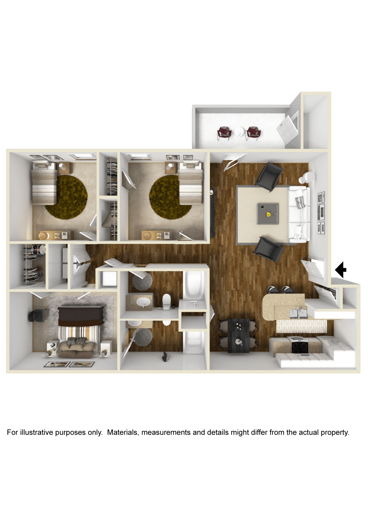Floor plan for 3 beds, 2 baths, 1305 sqft