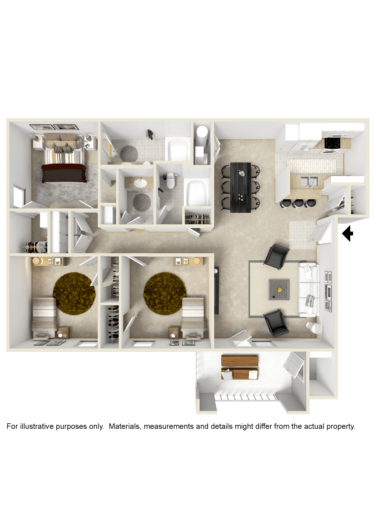 Floor plan for 3 beds, 2 baths, 1312 sqft