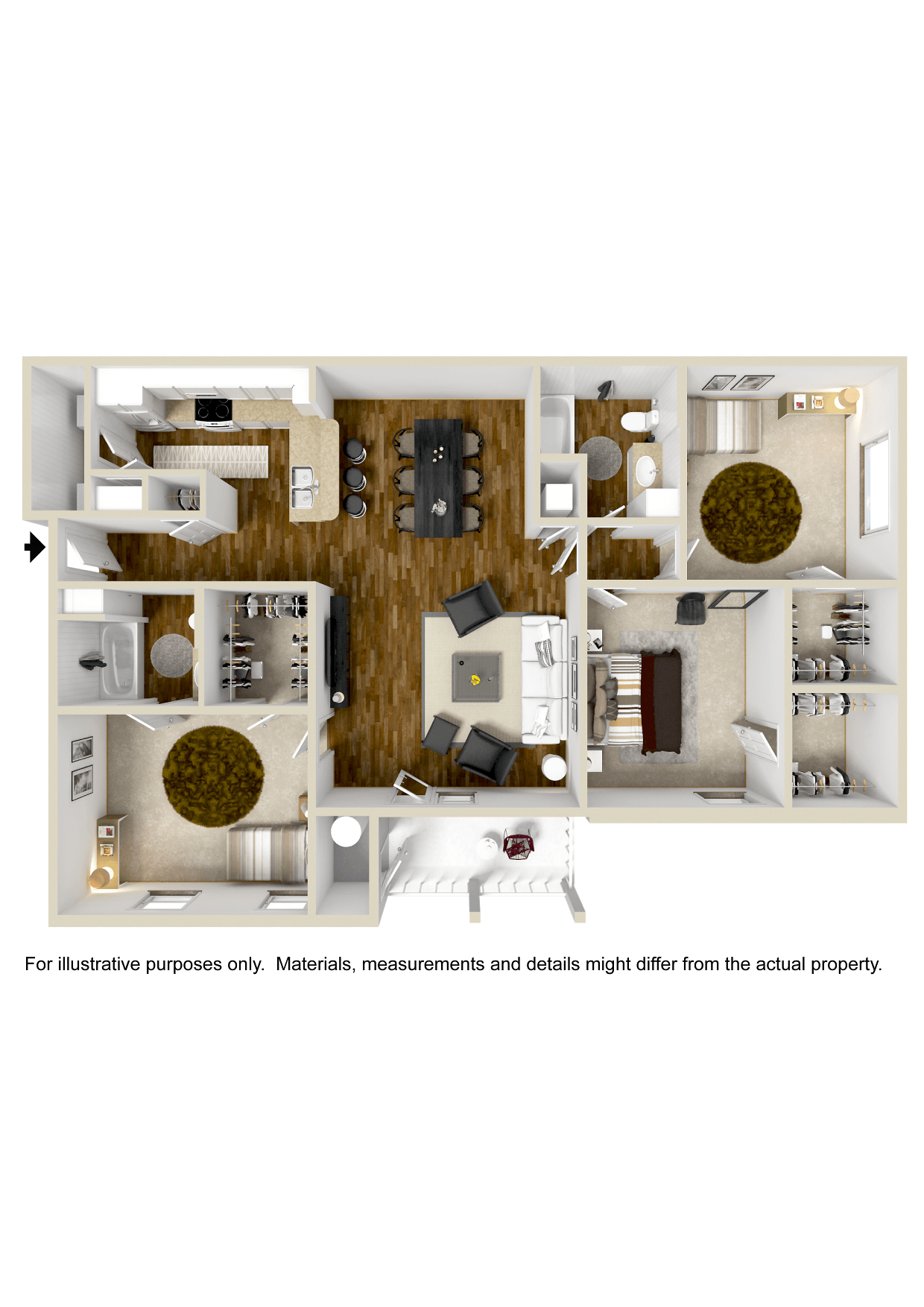 Floor plan for 3 beds, 2 baths, 1365 sqft