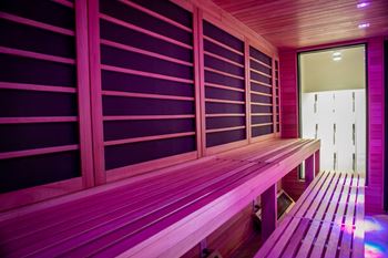 A sauna with wooden benches