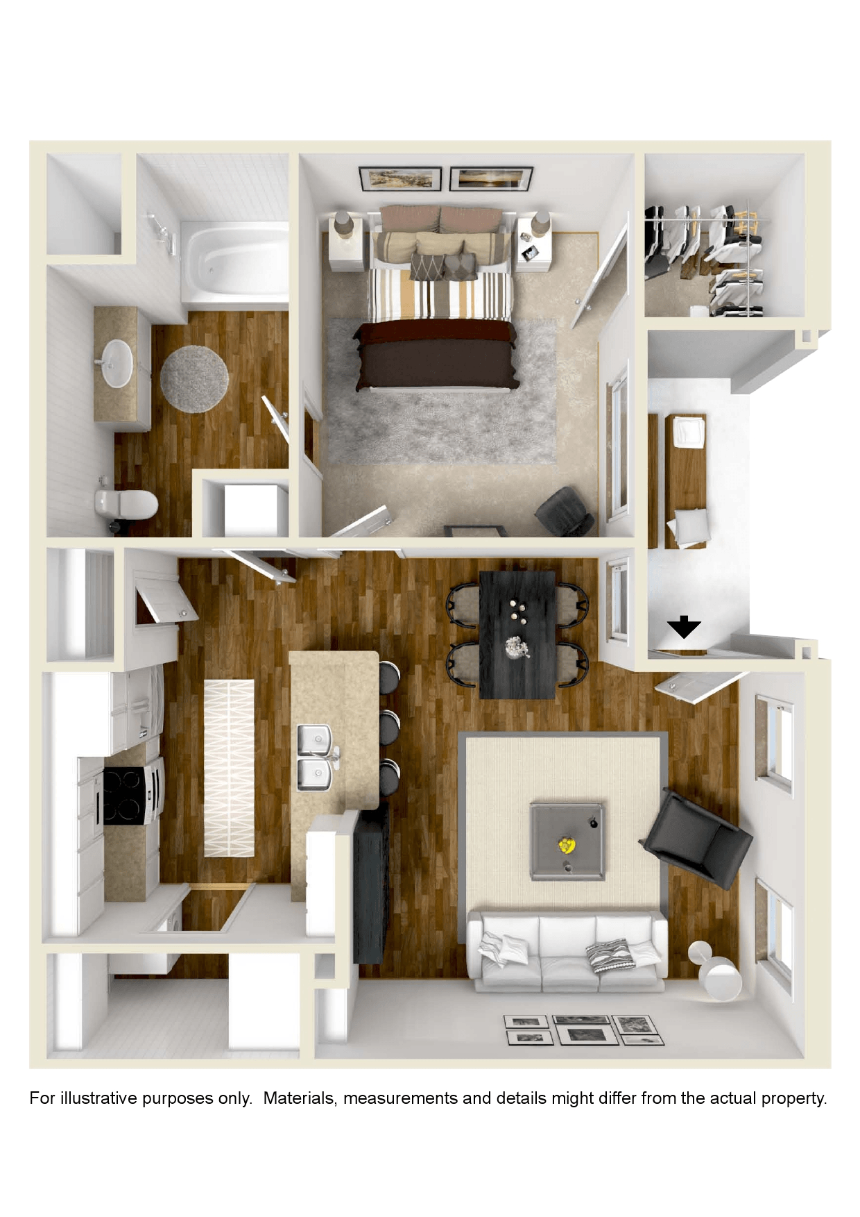 Floor plan for 1 bed, 1 bath, 809 sqft