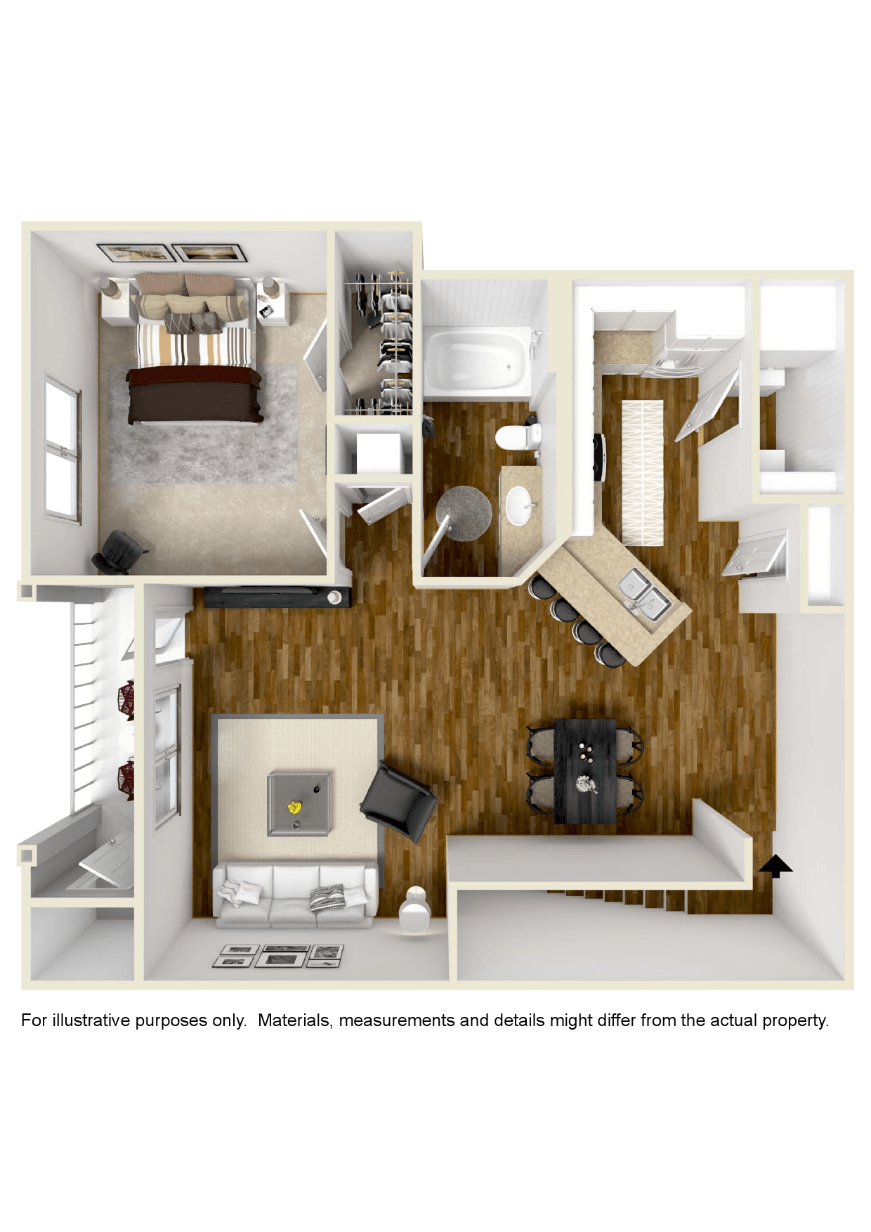Floor plan for 1 bed, 1 bath, 933 sqft