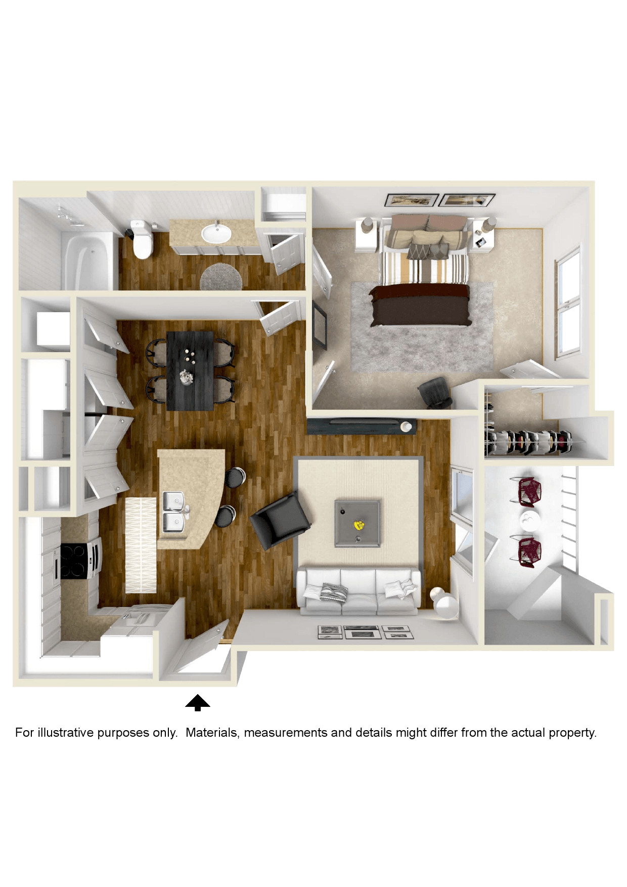 Floor plan for 1 bed, 1 bath, 724 sqft