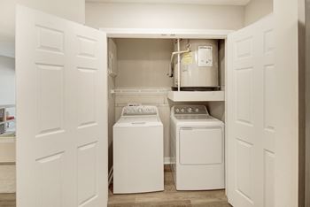 A laundry room with a washer and dryer in it