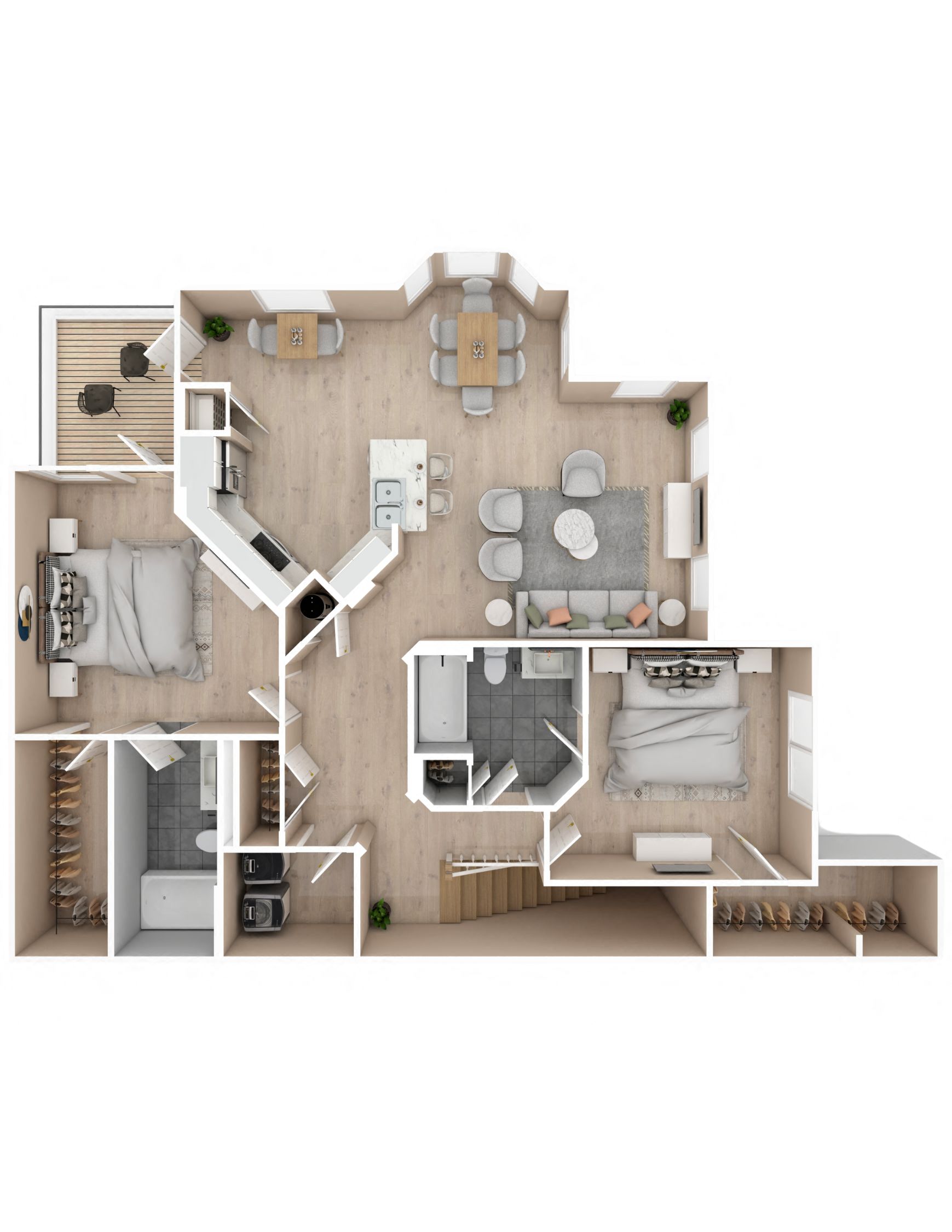 Floor plan for 2 beds, 2 baths, 1300 sqft