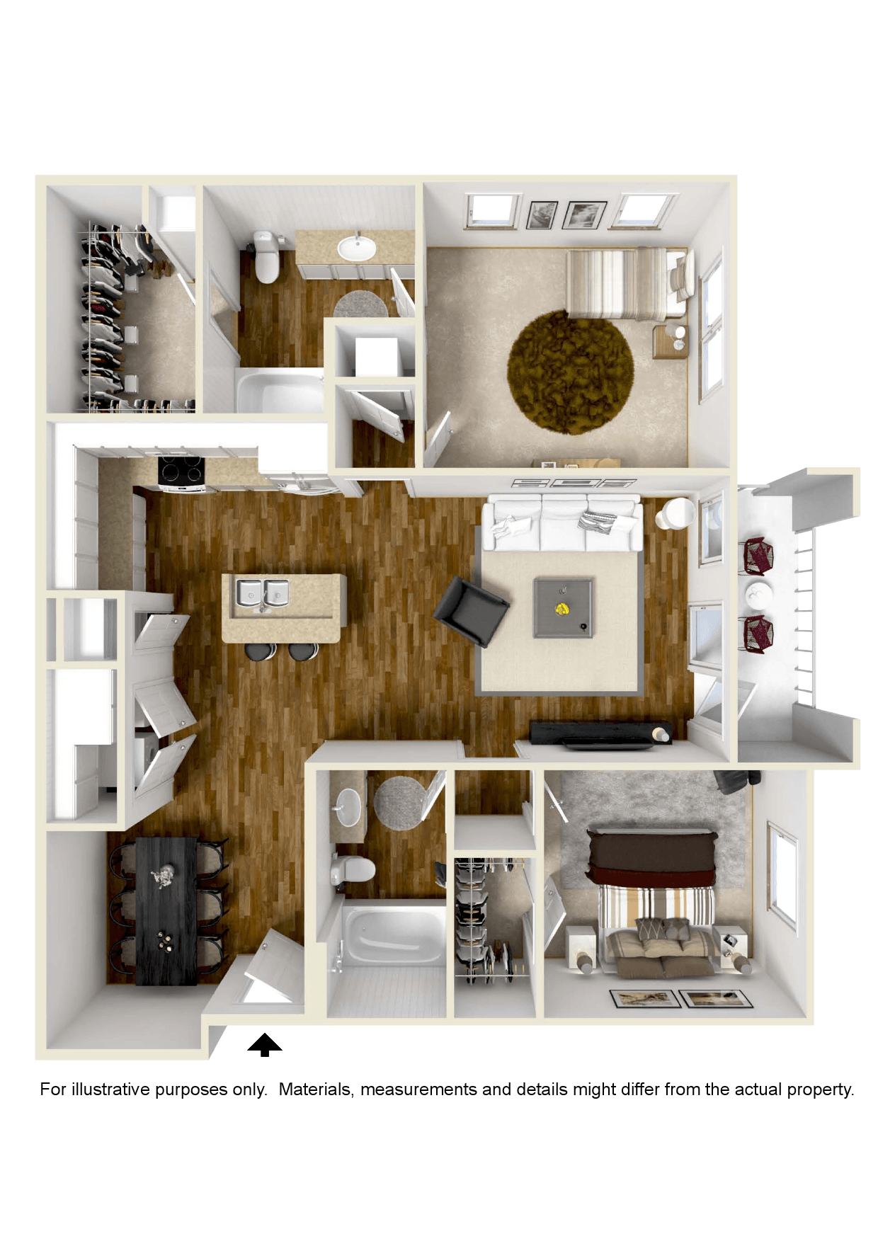 Floor plan for 2 beds, 2 baths, 1047 sqft