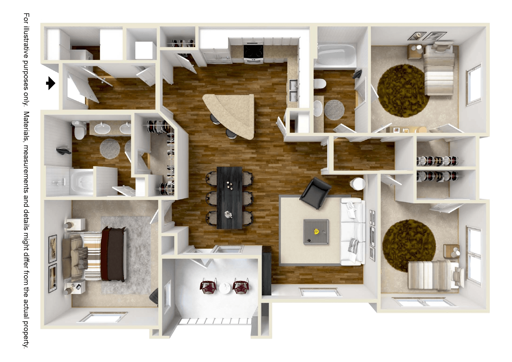 Floor plan for 3 beds, 2 baths, 1264 sqft