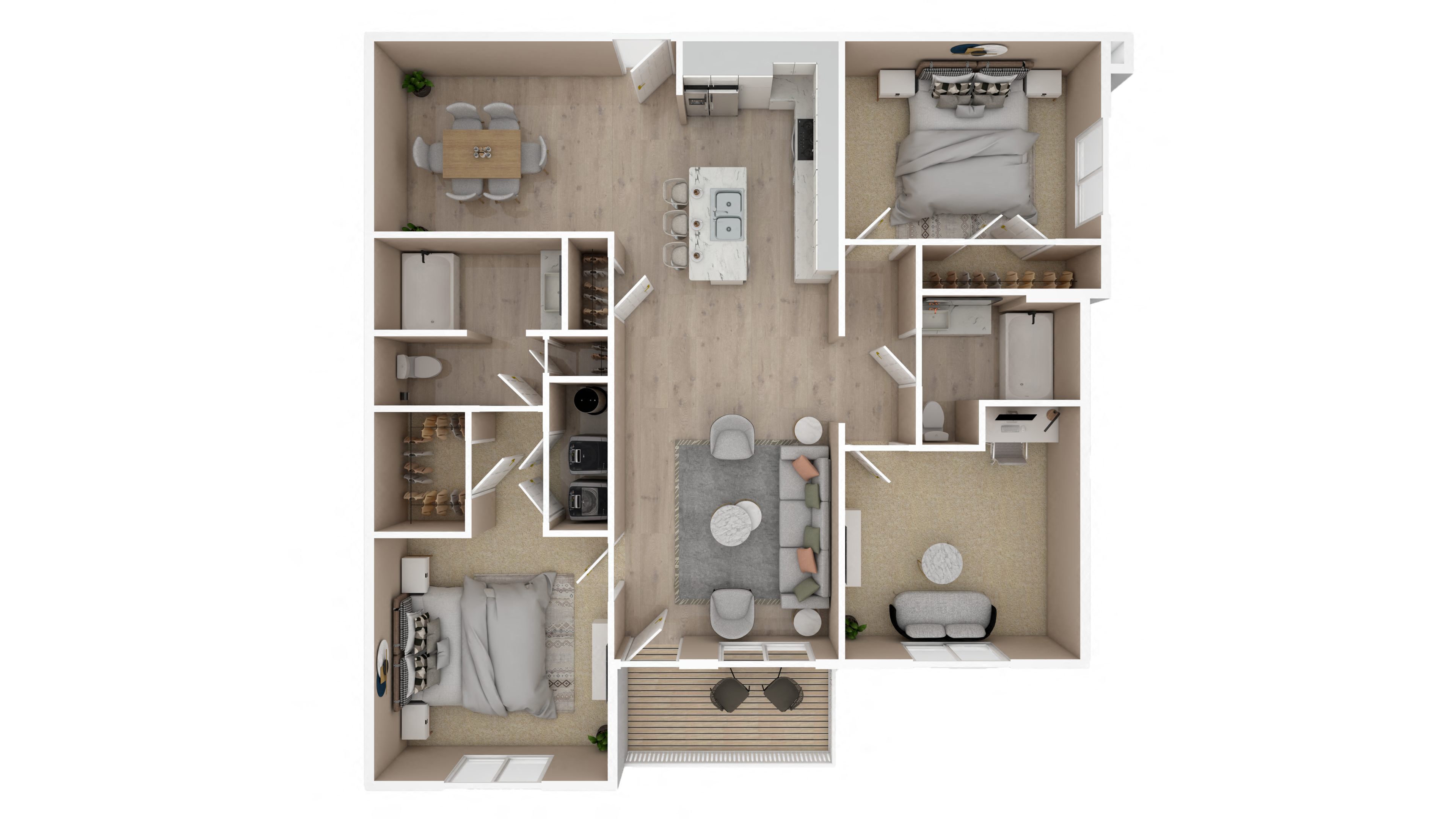 Floor plan for 2 beds, 2 baths, 1249 sqft