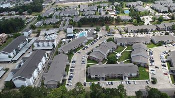 An aerial view of houses in a suburban neighborhood