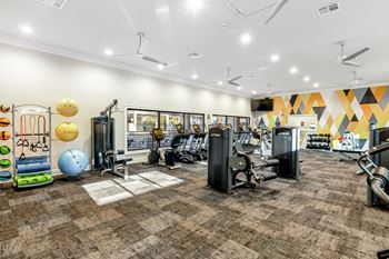 A gym with a variety of equipment including treadmills, weights, and exercise balls