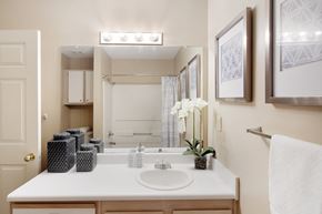Oxford apartment for rent - a bathroom with a sink and a mirror and a shower at Lexington Pointe Apartments in Oxford, MS 