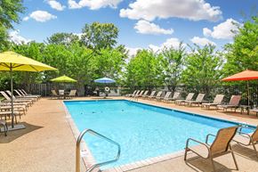 Mccomb apartment for rent - our resort style pool is filled with chairs and umbrellas at Parklane Apartment Homes, Mississippi