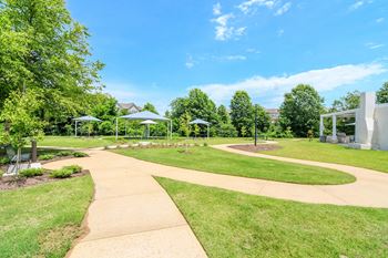 A park with a curved concrete walkway 