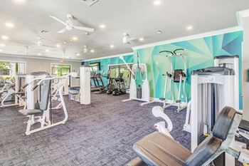 A gym with a variety of equipment 