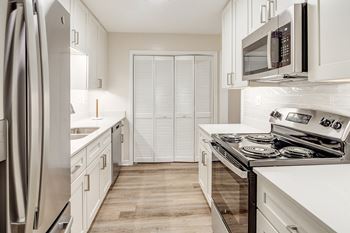 A modern kitchen with white cabinets and stainless steel appliances