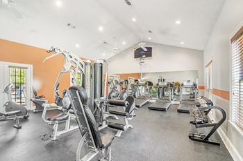A well-equipped gym with various exercise machines and weights