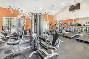 Jackson apartment for rent - a gym with cardio machines and weights on the floor and a tv at Reserve of Jackson Apartment Homes, Jackson, 39211