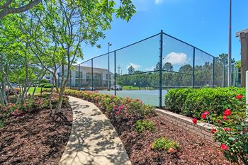 Garden pathway with a fence and flowers