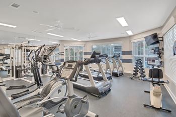 A gym with treadmills, elliptical machines, and other exercise equipment