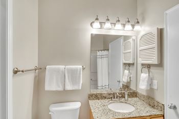 A bathroom with a toilet, sink, and mirror