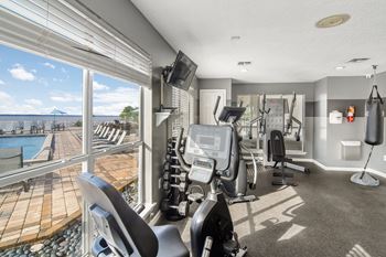 Gym with pool view