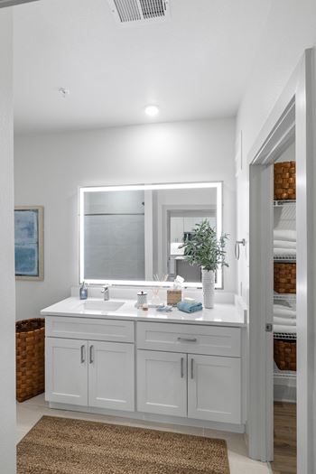 A bathroom with a white vanity and a brown rug.