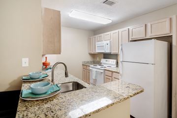 Starkville apartment for rent - a kitchen with white appliances and a granite counter top