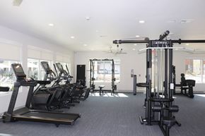 Flowood apartment for rent - A gym with treadmills, elliptical machines, and weight machines at Carlton Park Apartment Homes in Flowood, Mississippi