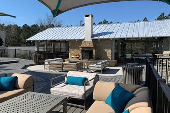 Outdoor deck with fireplace