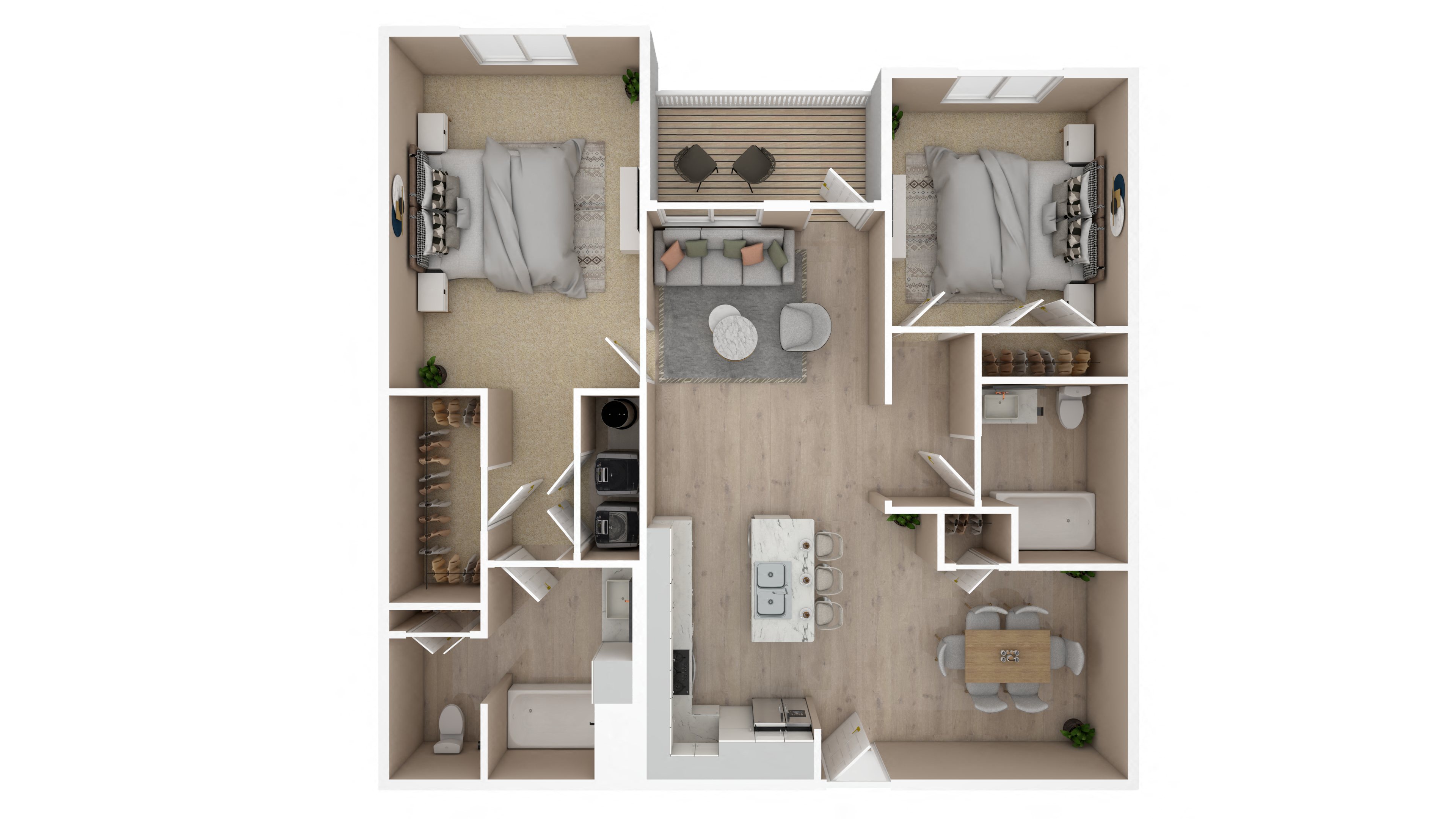 Floor plan for 2 beds, 2 baths, 1037 sqft