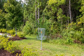 A metal frisbee golf basket stands 