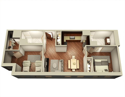 Floor plan for 2 beds, 2 baths, 987 sqft