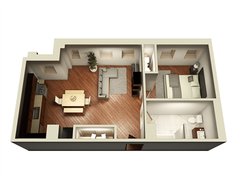 Floor plan for 1 bed, 1 bath, 723 sqft