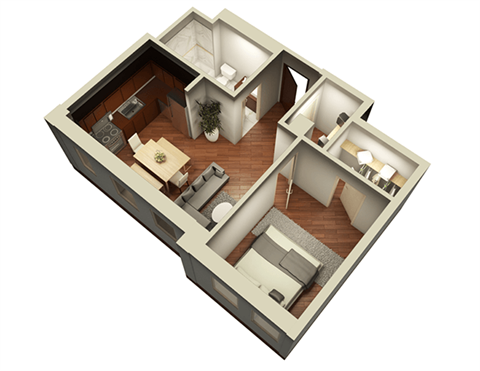 Floor plan for 1 bed, 1 bath, 576 sqft
