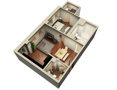Floor plan for 1 bed, 1 bath, 632 sqft