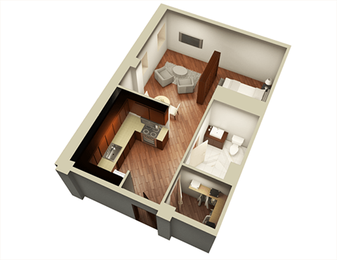 Floor plan for studio, 1 bath, 606 sqft