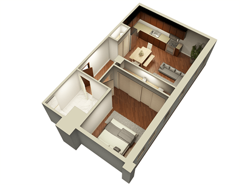 Floor plan for 1 bed, 1 bath, 700 sqft
