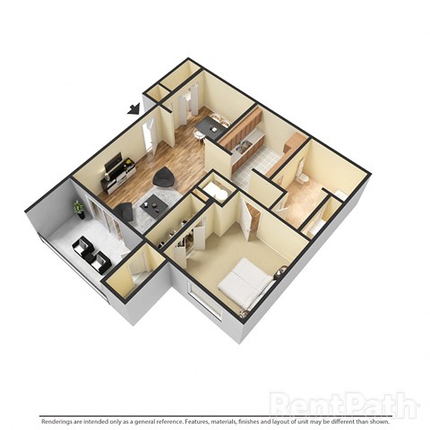 Floor plan for 1 bed, 1 bath, 670 sqft