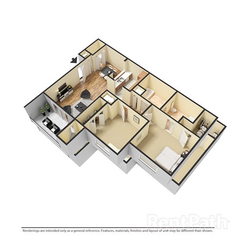 Floor plan for 2 beds, 1.5 baths, 910 sqft